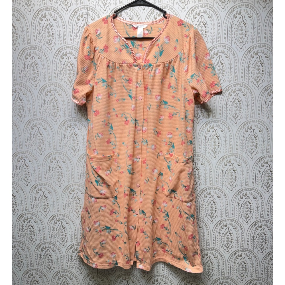 Adonna Sleepwear Duster Robe Womens Medium Peach Floral Waffle Knit Button Front